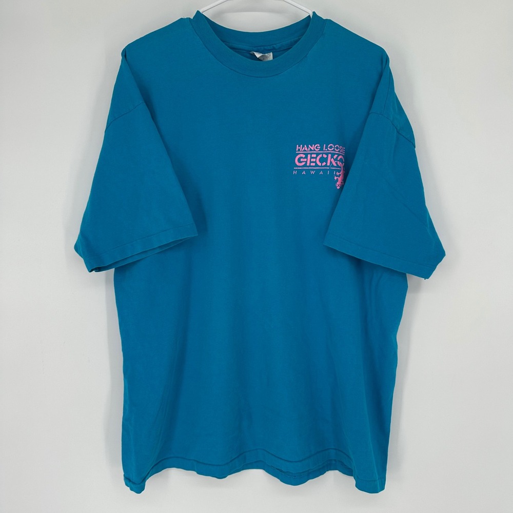 Vintage 80s Hang Loose Gecko Hawaii Hanes T Shirt XL Teal Neon Pink Green USA